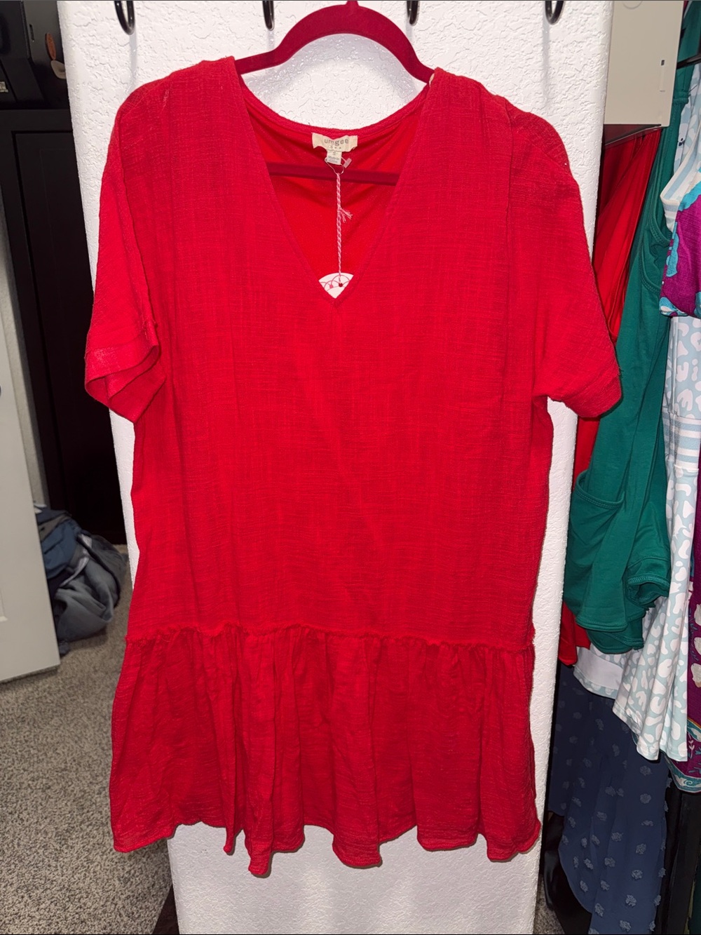Umgee Red V-Neck Short Sleeve Ruffle Hem Dress